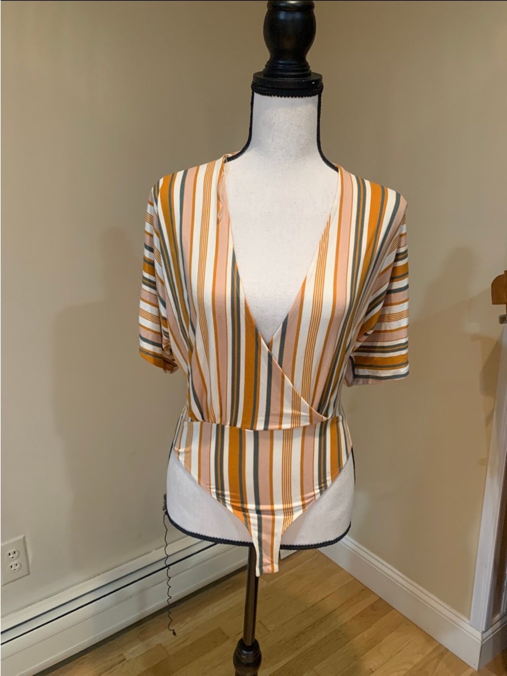 Charlotte Russe Striped Wrap-Front Bodysuit in Mustard, White & Olive